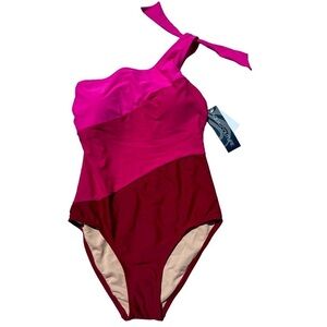 AQUA Couture Colorblock One Shoulder Monokini pink mauve burgundy size SMALL s